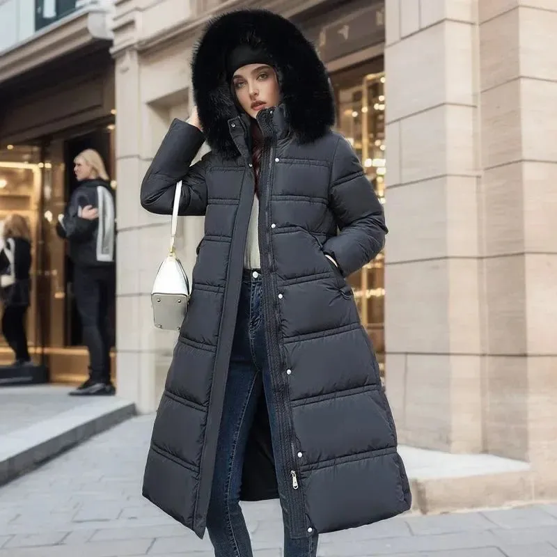2024 Frauen neue Jacke Parkas Pelz kragen Daunen Baumwoll jacke Winter Kapuze lange Parka warme weibliche gepolsterte Jacke Freizeit Outwear