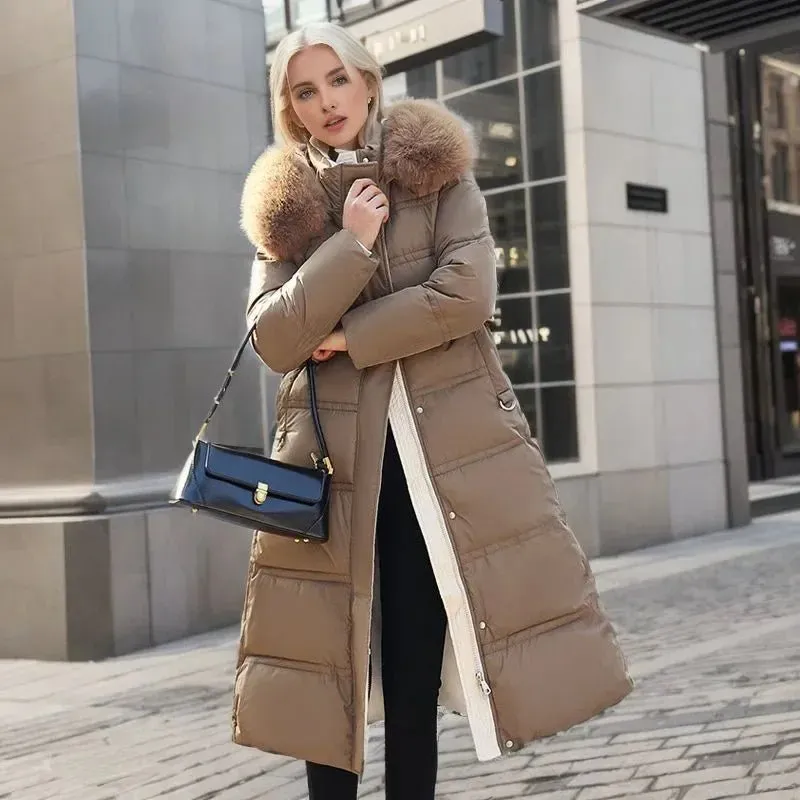 2024 Frauen neue Jacke Parkas Pelz kragen Daunen Baumwoll jacke Winter Kapuze lange Parka warme weibliche gepolsterte Jacke Freizeit Outwear