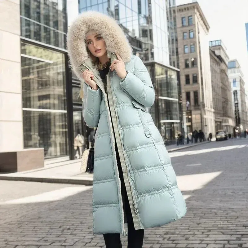 2024 Frauen neue Jacke Parkas Pelz kragen Daunen Baumwoll jacke Winter Kapuze lange Parka warme weibliche gepolsterte Jacke Freizeit Outwear