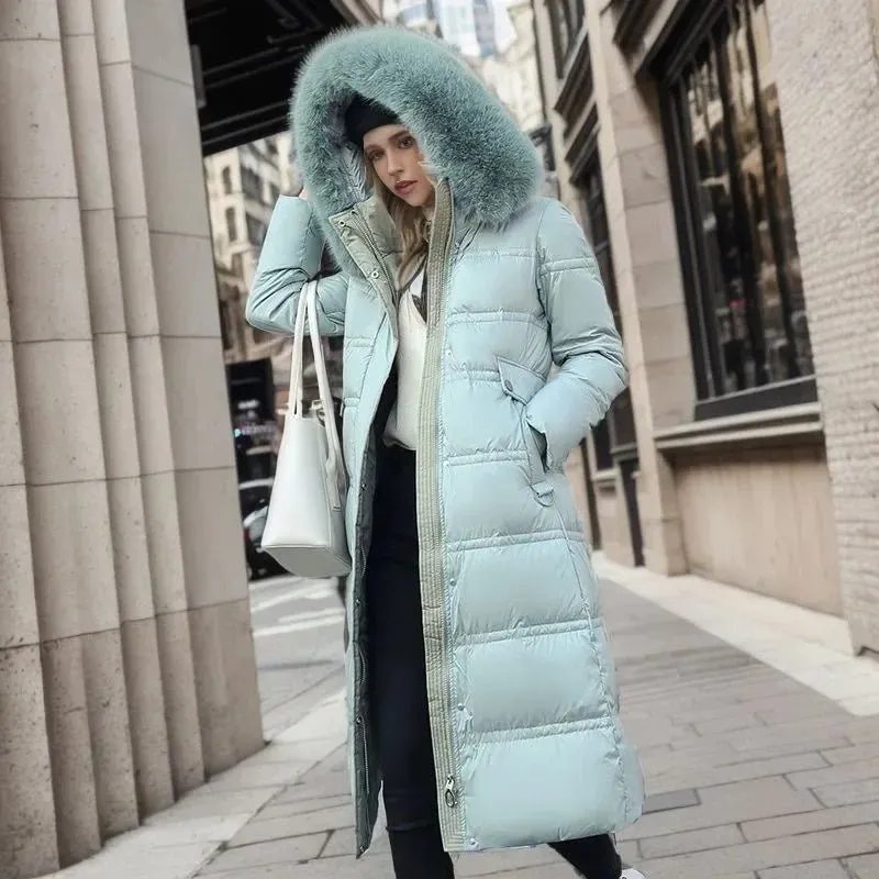 2024 Frauen neue Jacke Parkas Pelz kragen Daunen Baumwoll jacke Winter Kapuze lange Parka warme weibliche gepolsterte Jacke Freizeit Outwear
