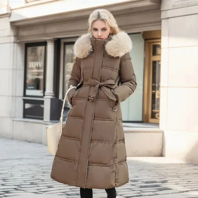 2024 Frauen neue Jacke Parkas Pelz kragen Daunen Baumwoll jacke Winter Kapuze lange Parka warme weibliche gepolsterte Jacke Freizeit Outwear