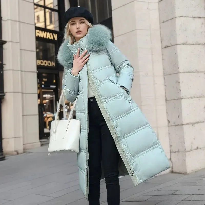 2024 Frauen neue Jacke Parkas Pelz kragen Daunen Baumwoll jacke Winter Kapuze lange Parka warme weibliche gepolsterte Jacke Freizeit Outwear