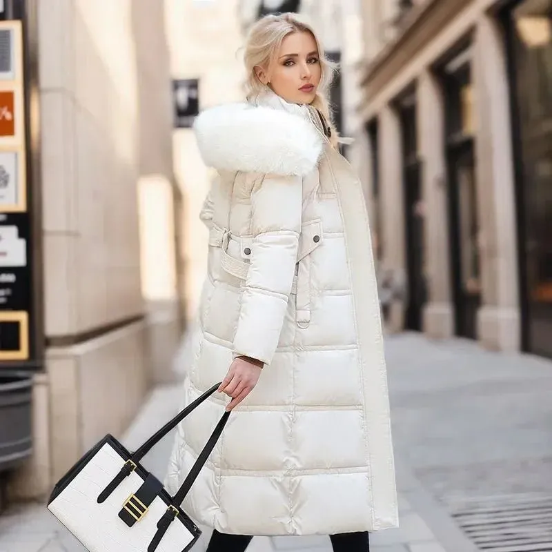 2024 Frauen neue Jacke Parkas Pelz kragen Daunen Baumwoll jacke Winter Kapuze lange Parka warme weibliche gepolsterte Jacke Freizeit Outwear
