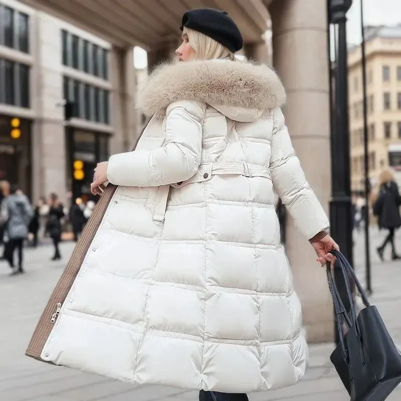 2024 Frauen neue Jacke Parkas Pelz kragen Daunen Baumwoll jacke Winter Kapuze lange Parka warme weibliche gepolsterte Jacke Freizeit Outwear