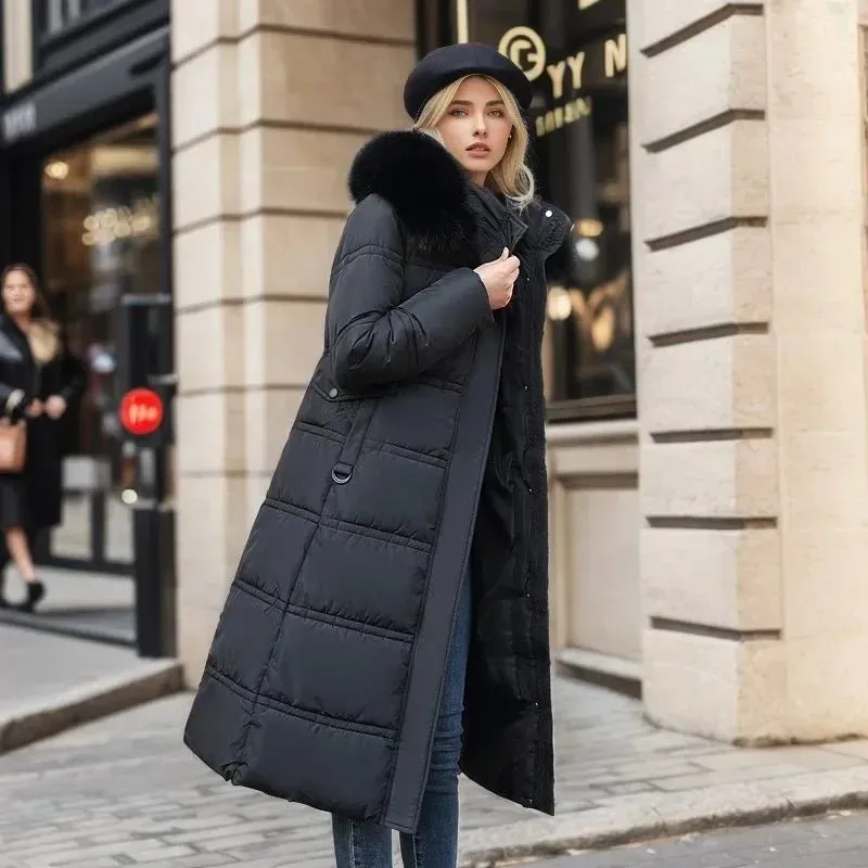 2024 Frauen neue Jacke Parkas Pelz kragen Daunen Baumwoll jacke Winter Kapuze lange Parka warme weibliche gepolsterte Jacke Freizeit Outwear