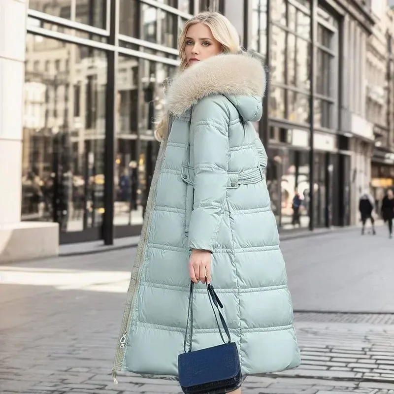2024 Frauen neue Jacke Parkas Pelz kragen Daunen Baumwoll jacke Winter Kapuze lange Parka warme weibliche gepolsterte Jacke Freizeit Outwear