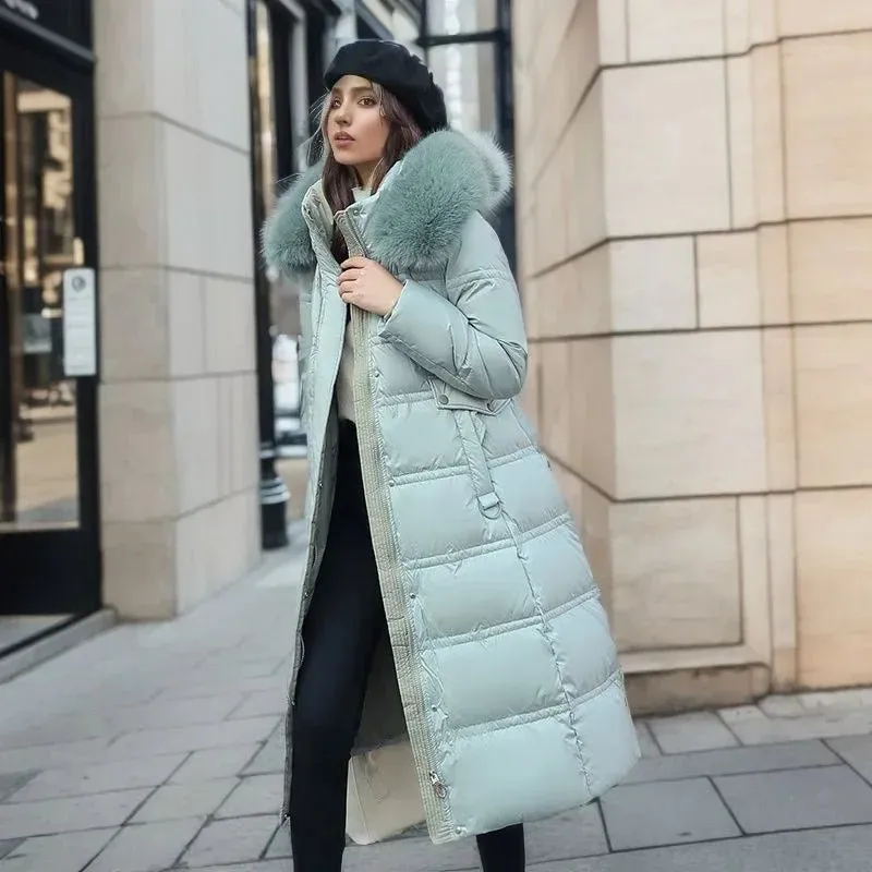 2024 Frauen neue Jacke Parkas Pelz kragen Daunen Baumwoll jacke Winter Kapuze lange Parka warme weibliche gepolsterte Jacke Freizeit Outwear