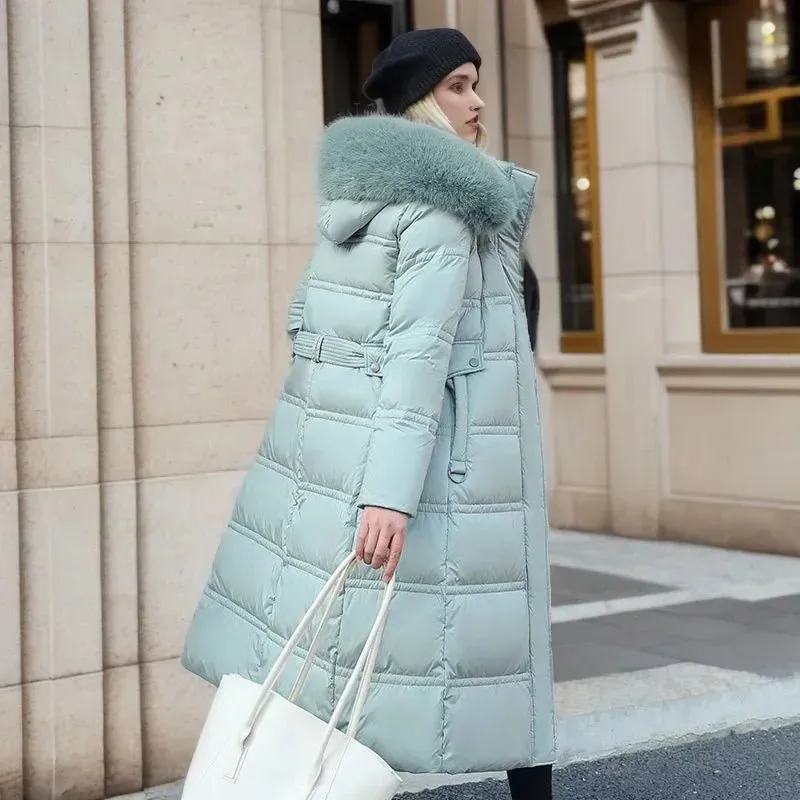 2024 Frauen neue Jacke Parkas Pelz kragen Daunen Baumwoll jacke Winter Kapuze lange Parka warme weibliche gepolsterte Jacke Freizeit Outwear