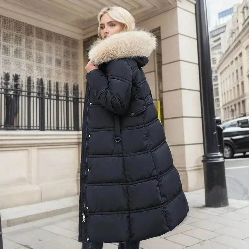 2024 Frauen neue Jacke Parkas Pelz kragen Daunen Baumwoll jacke Winter Kapuze lange Parka warme weibliche gepolsterte Jacke Freizeit Outwear