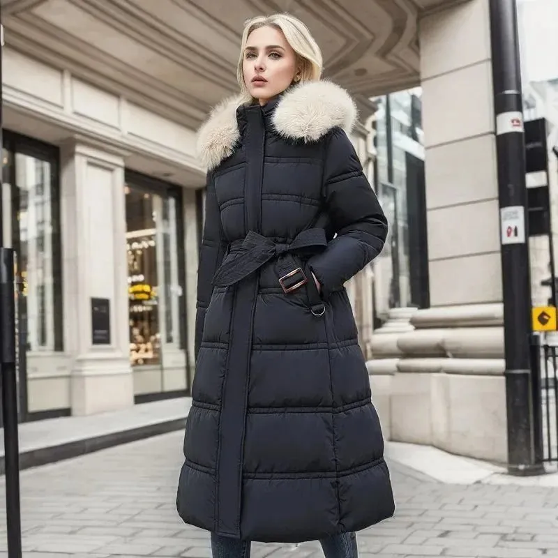 2024 Frauen neue Jacke Parkas Pelz kragen Daunen Baumwoll jacke Winter Kapuze lange Parka warme weibliche gepolsterte Jacke Freizeit Outwear