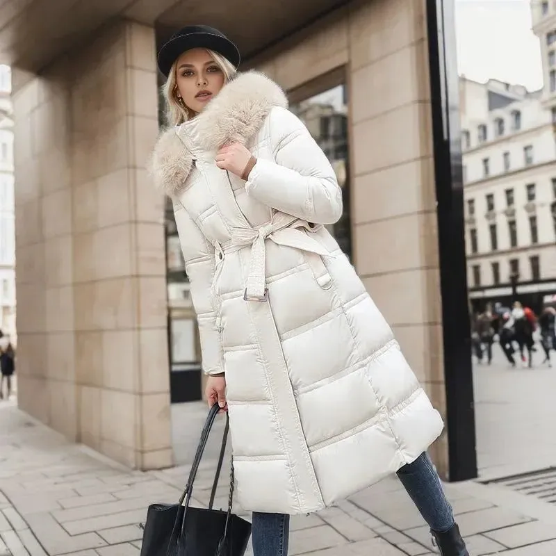 2024 Frauen neue Jacke Parkas Pelz kragen Daunen Baumwoll jacke Winter Kapuze lange Parka warme weibliche gepolsterte Jacke Freizeit Outwear