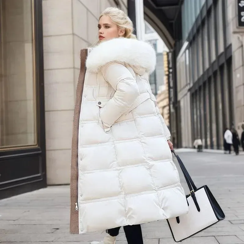 2024 Frauen neue Jacke Parkas Pelz kragen Daunen Baumwoll jacke Winter Kapuze lange Parka warme weibliche gepolsterte Jacke Freizeit Outwear