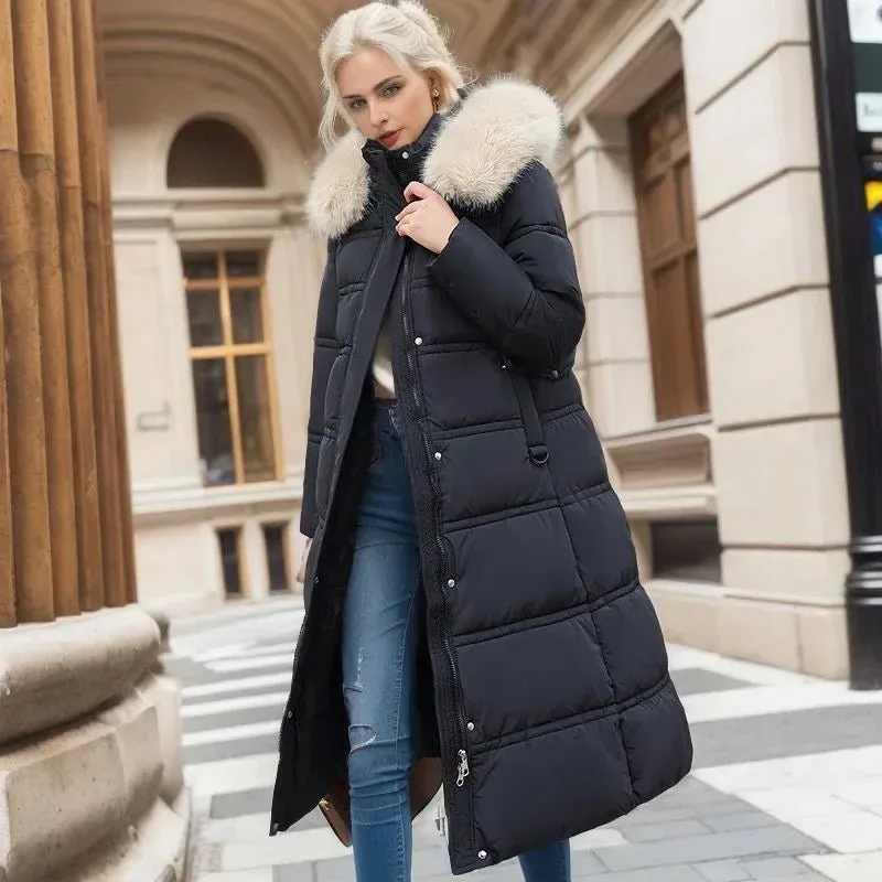 2024 Frauen neue Jacke Parkas Pelz kragen Daunen Baumwoll jacke Winter Kapuze lange Parka warme weibliche gepolsterte Jacke Freizeit Outwear