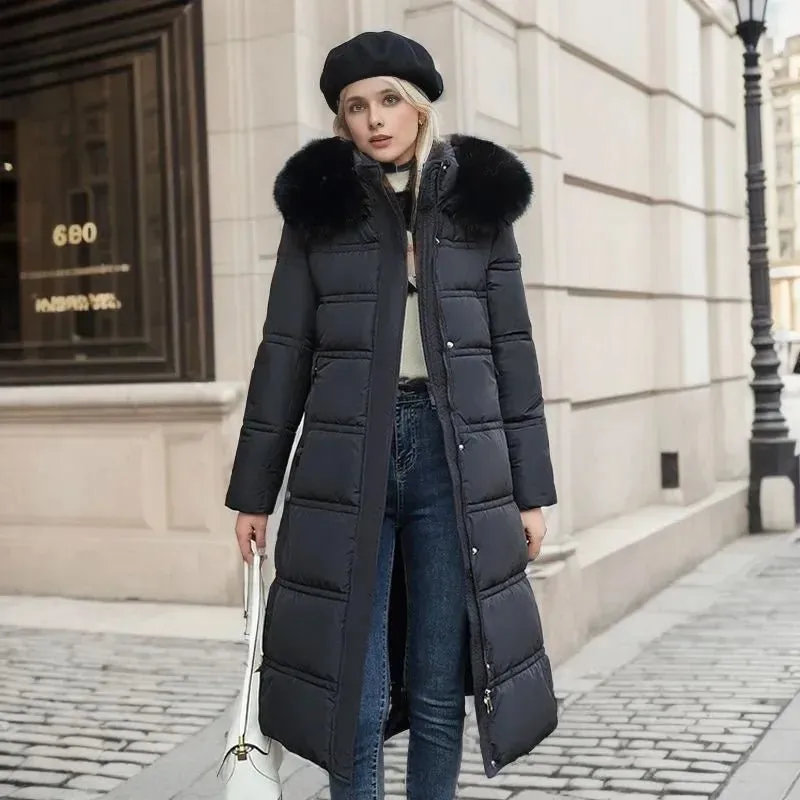 2024 Frauen neue Jacke Parkas Pelz kragen Daunen Baumwoll jacke Winter Kapuze lange Parka warme weibliche gepolsterte Jacke Freizeit Outwear