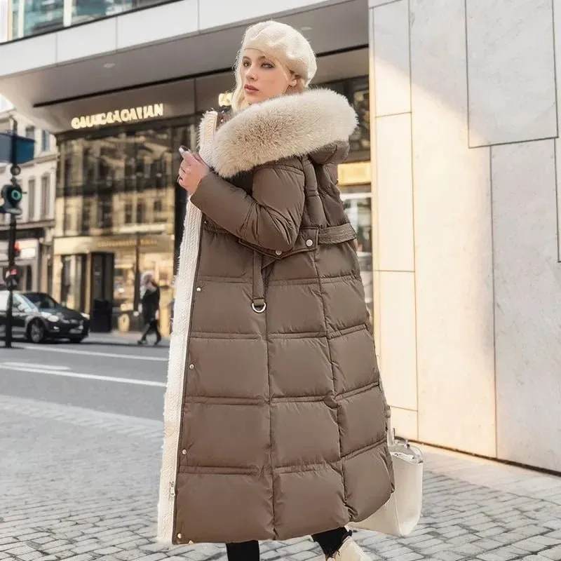 2024 Frauen neue Jacke Parkas Pelz kragen Daunen Baumwoll jacke Winter Kapuze lange Parka warme weibliche gepolsterte Jacke Freizeit Outwear