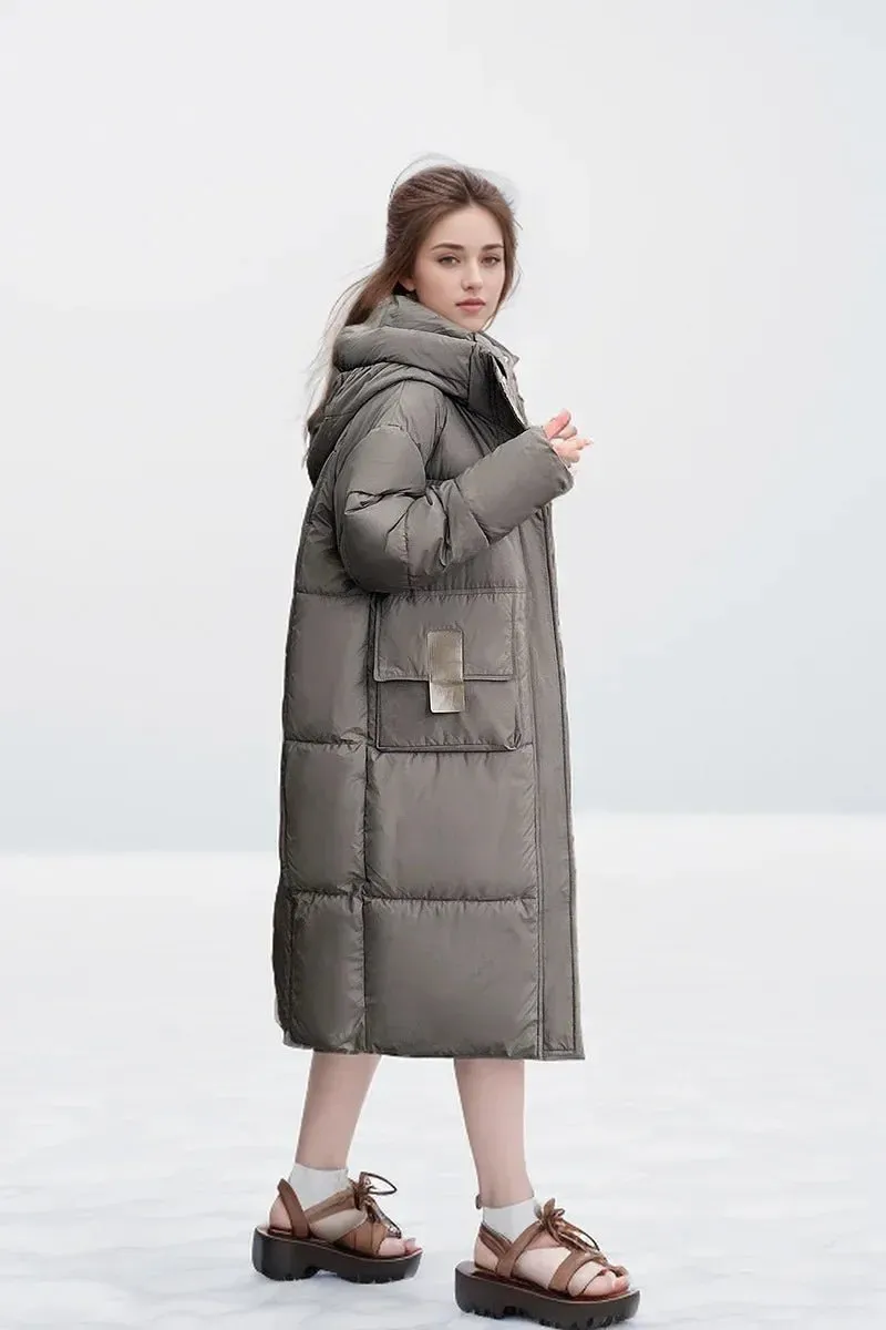 2024 neue Frau Daunen Baumwoll jacke Winter langen Mantel Kapuze große Taschen Mode warme dicke Reiß verschluss Mantel weiblichen Wintermantel