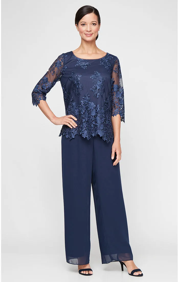 3/4 Sleeve Embroidered Detail Tunic with Scallop Sleeves & Hem