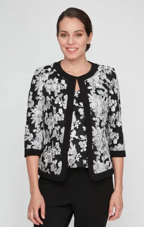 3/4 Sleeve Stretch Tulle Embroidered Twinset With Scoop Neckline and Hook Neck Closure Jacket