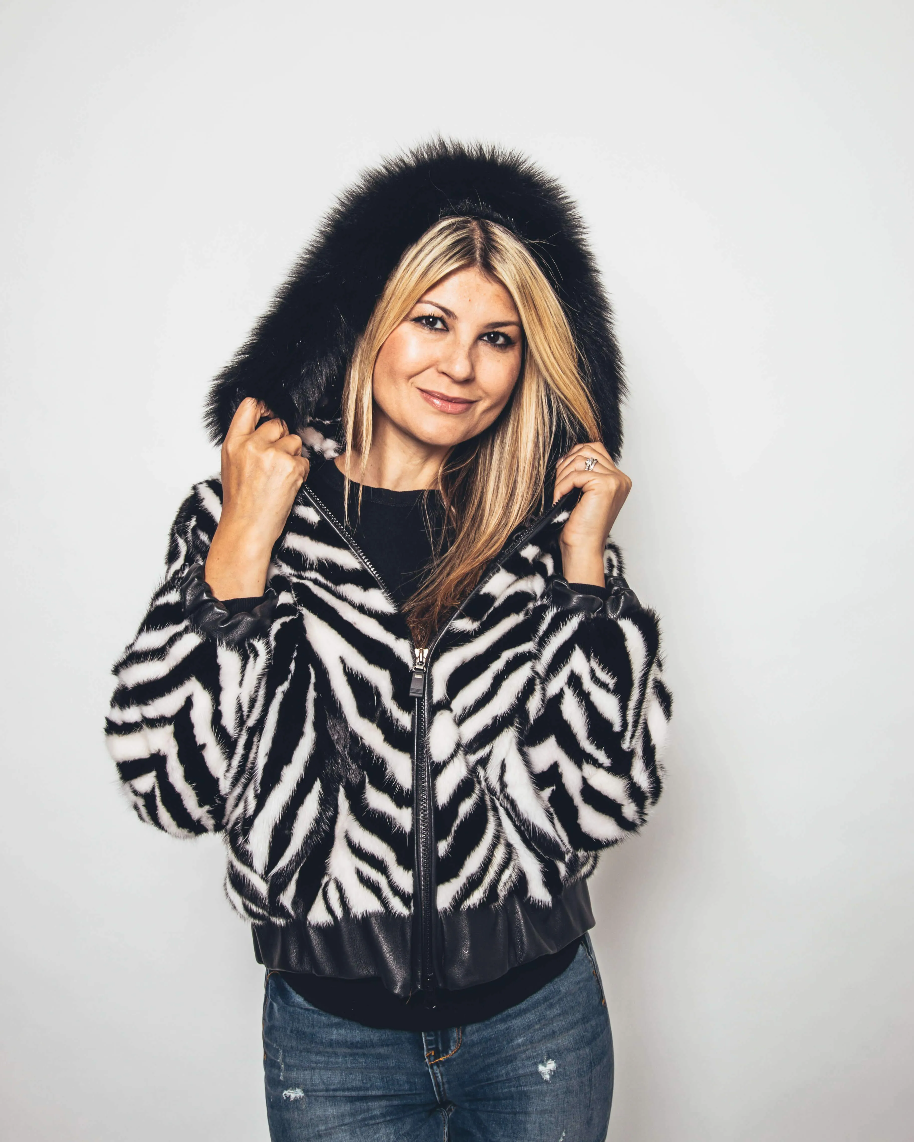 52 | Mink Black and White Bomber Jacket With Hood