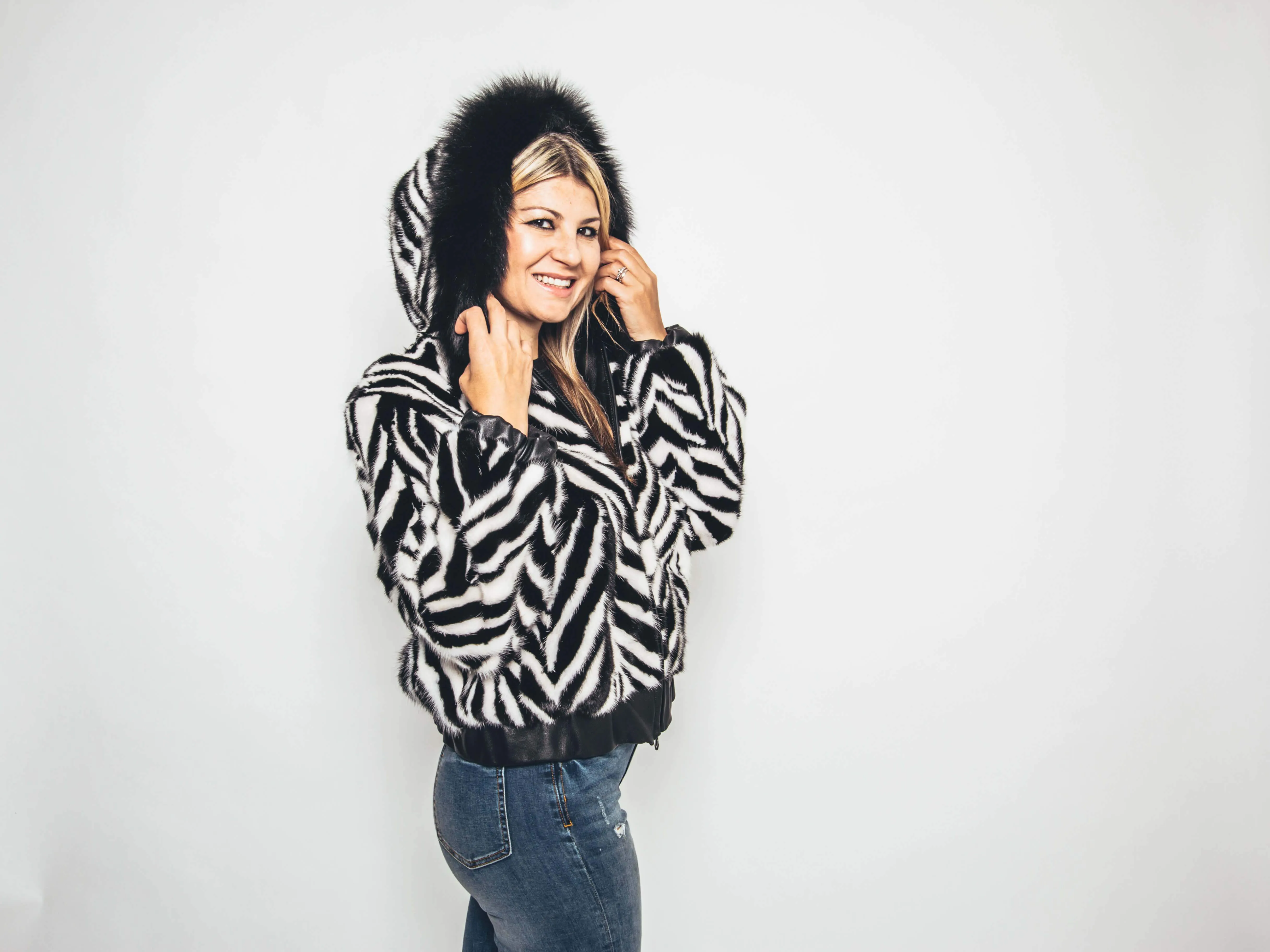 52 | Mink Black and White Bomber Jacket With Hood