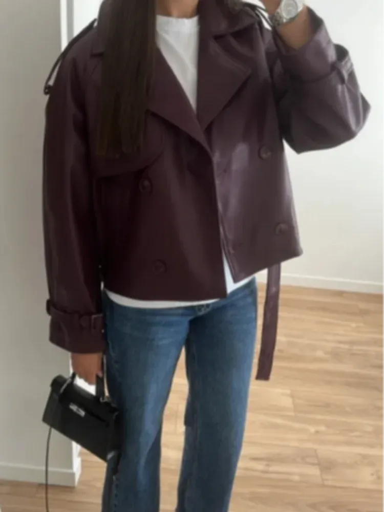 Back To School Joskaa Vintage Collar Double Breasted Women's Cropped Leather Jacket Fashion Long Sleeved Belt Casual Short Coats Autumn Street Outwear