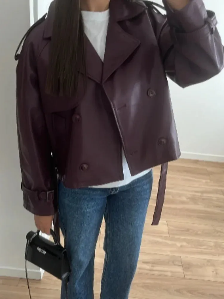 Back To School Joskaa Vintage Collar Double Breasted Women's Cropped Leather Jacket Fashion Long Sleeved Belt Casual Short Coats Autumn Street Outwear
