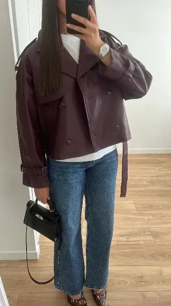 Back To School Joskaa Vintage Collar Double Breasted Women's Cropped Leather Jacket Fashion Long Sleeved Belt Casual Short Coats Autumn Street Outwear