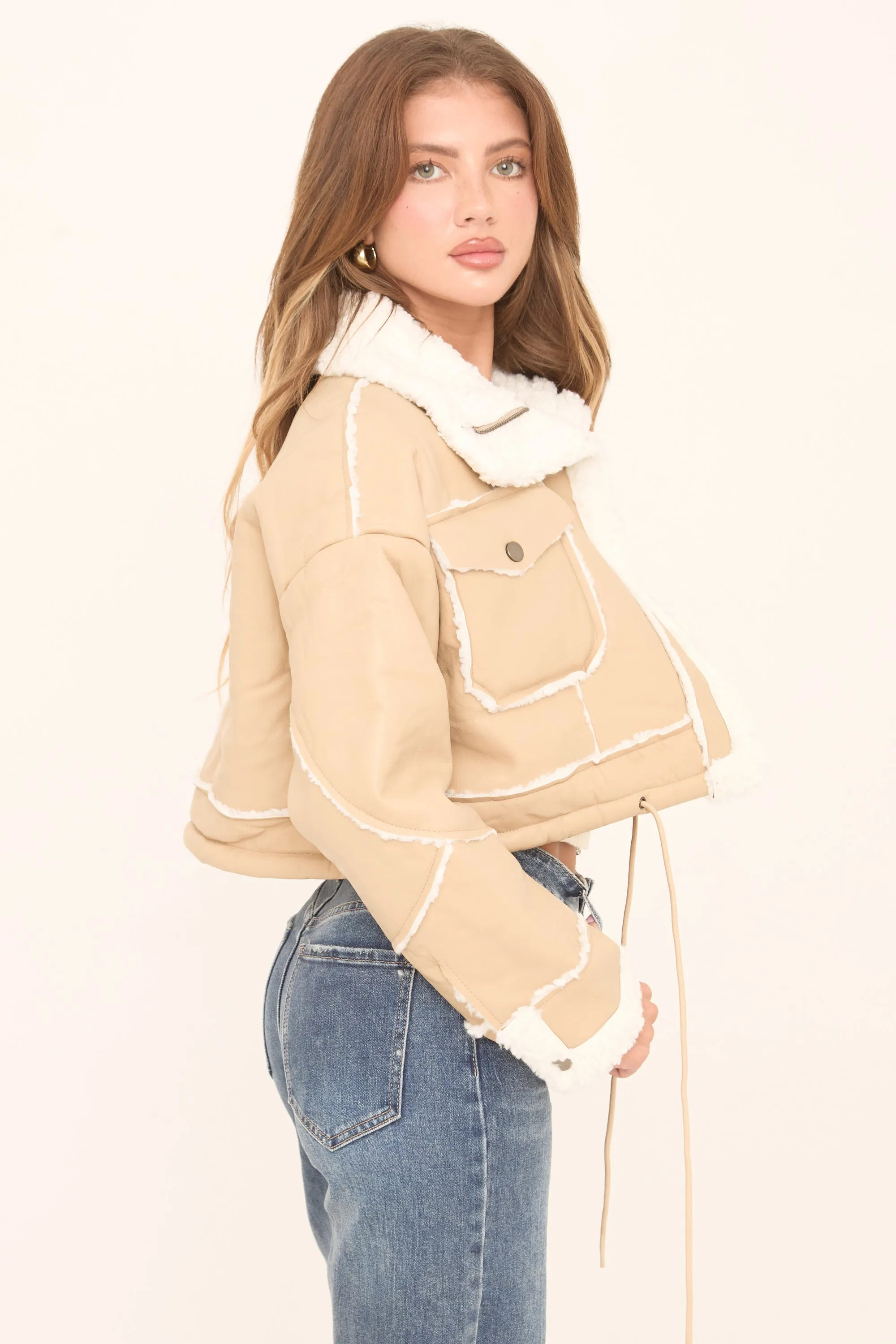 Beige Faux Leather Shearling Aviator Cropped Jacket - Avani