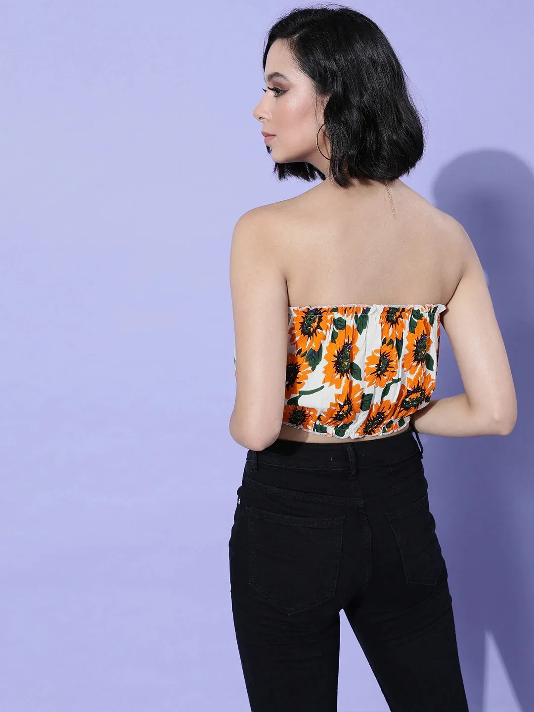 Berrylush Women Mustard Floral Printed Bandeau Ruffled Crop Top