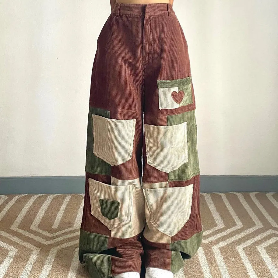 binfenxie-shop outfit inspo Personalized Stitching Style High Waist Corduroy Casual Pants Women's Striped Square Wide Leg Pants Skin-Friendly Warm