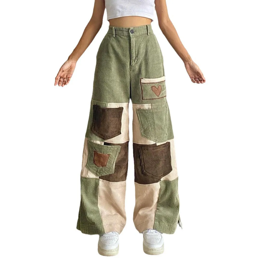 binfenxie-shop outfit inspo Personalized Stitching Style High Waist Corduroy Casual Pants Women's Striped Square Wide Leg Pants Skin-Friendly Warm