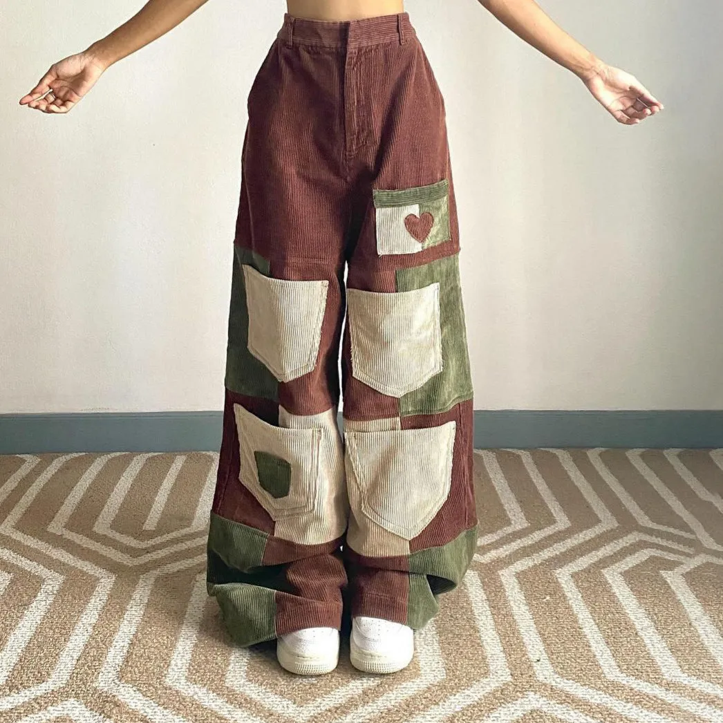 binfenxie-shop outfit inspo Personalized Stitching Style High Waist Corduroy Casual Pants Women's Striped Square Wide Leg Pants Skin-Friendly Warm