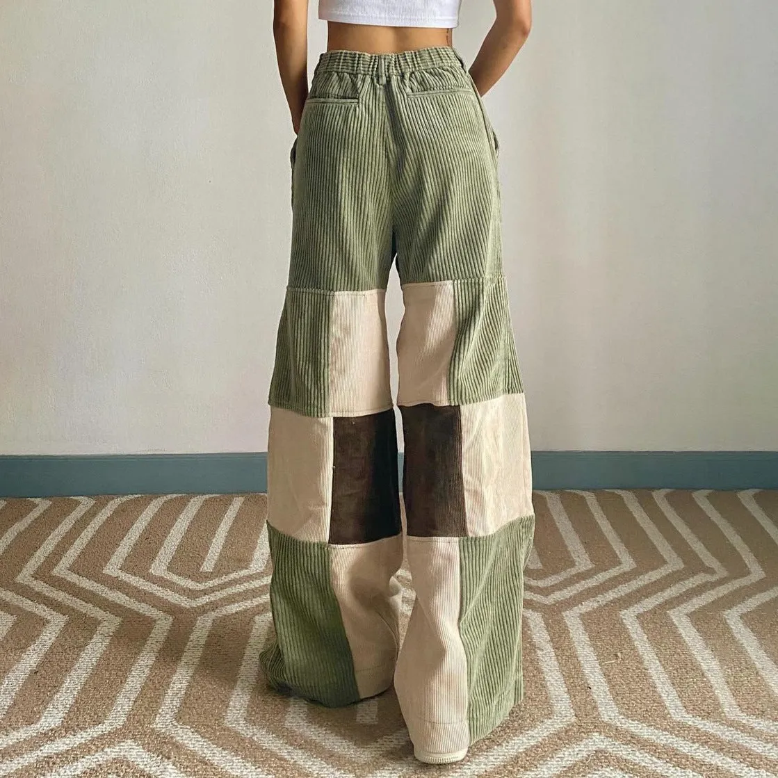 binfenxie-shop outfit inspo Personalized Stitching Style High Waist Corduroy Casual Pants Women's Striped Square Wide Leg Pants Skin-Friendly Warm