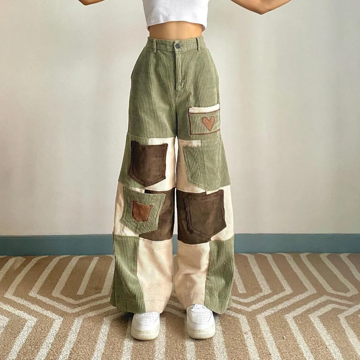 binfenxie-shop outfit inspo Personalized Stitching Style High Waist Corduroy Casual Pants Women's Striped Square Wide Leg Pants Skin-Friendly Warm