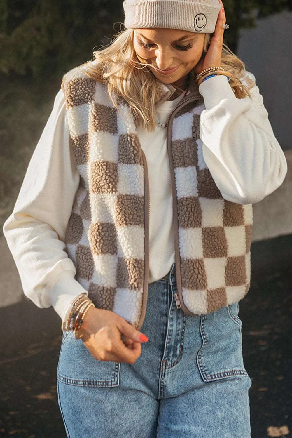 Black Checkered Sherpa Collared Jacket Vest
