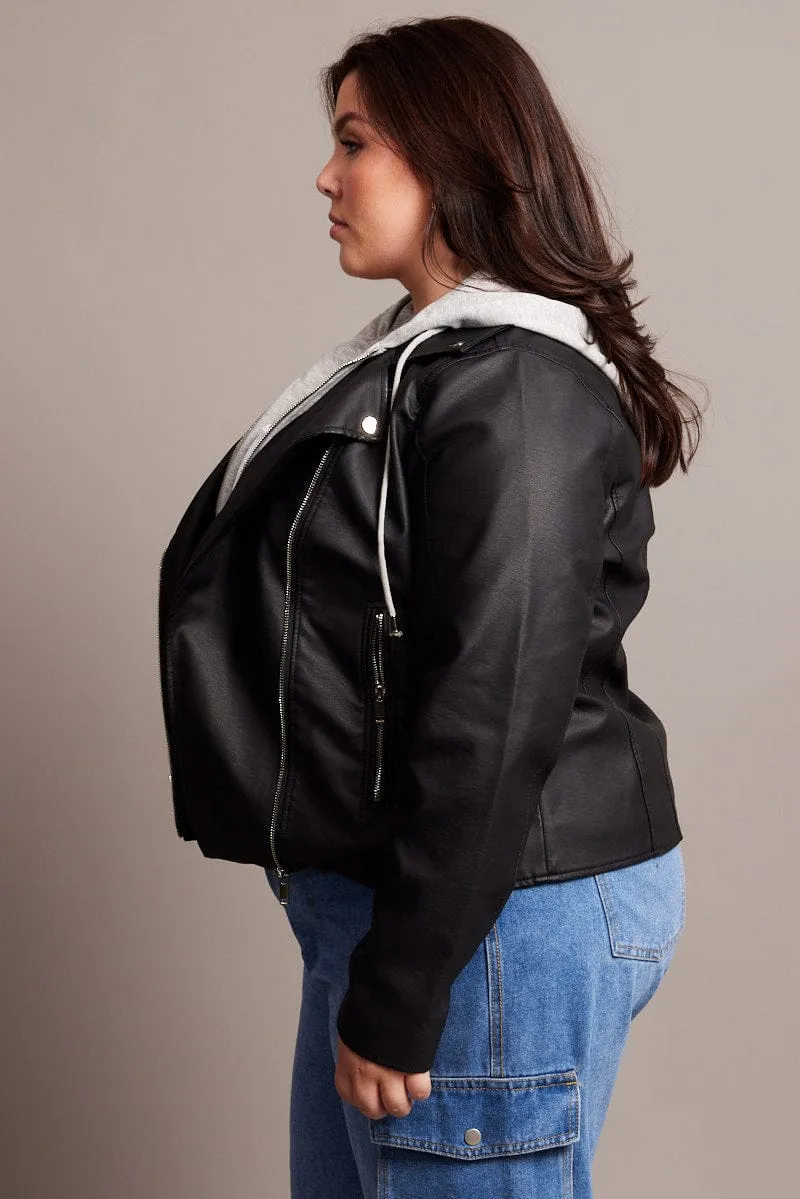 Black Faux Leather Jacket With Detachable Hood