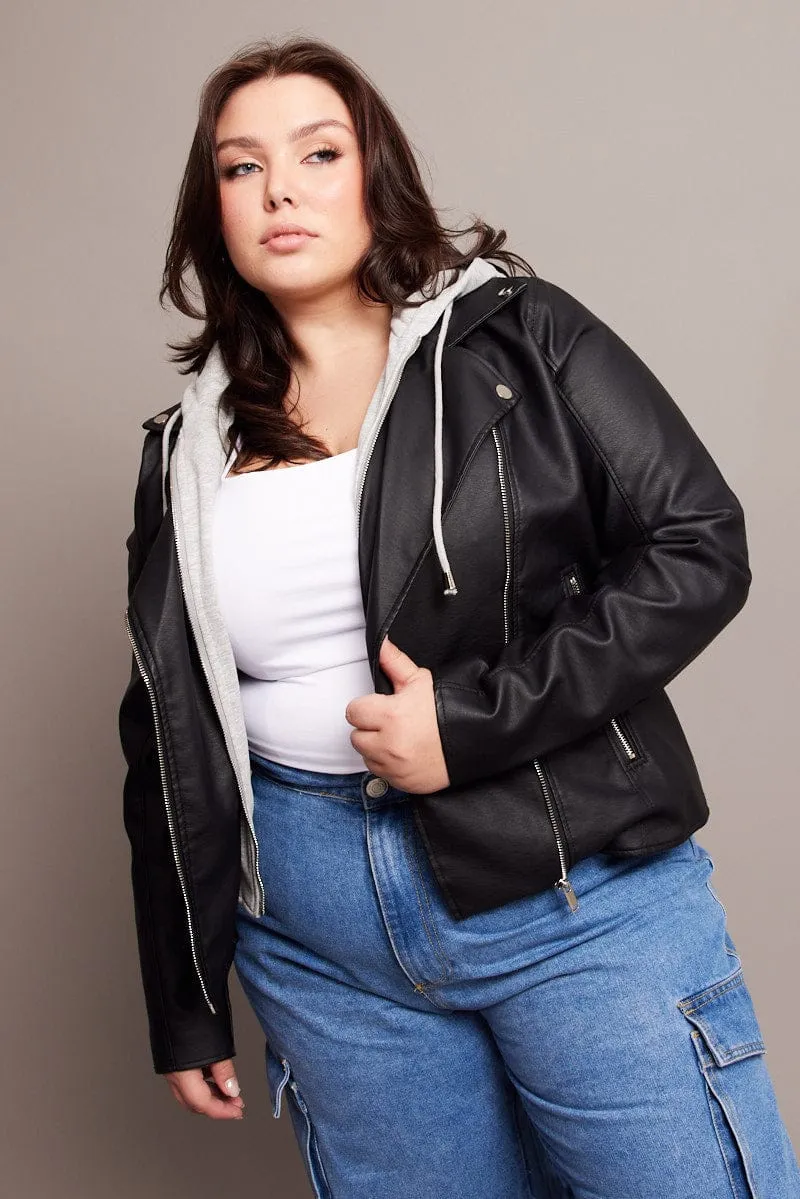 Black Faux Leather Jacket With Detachable Hood