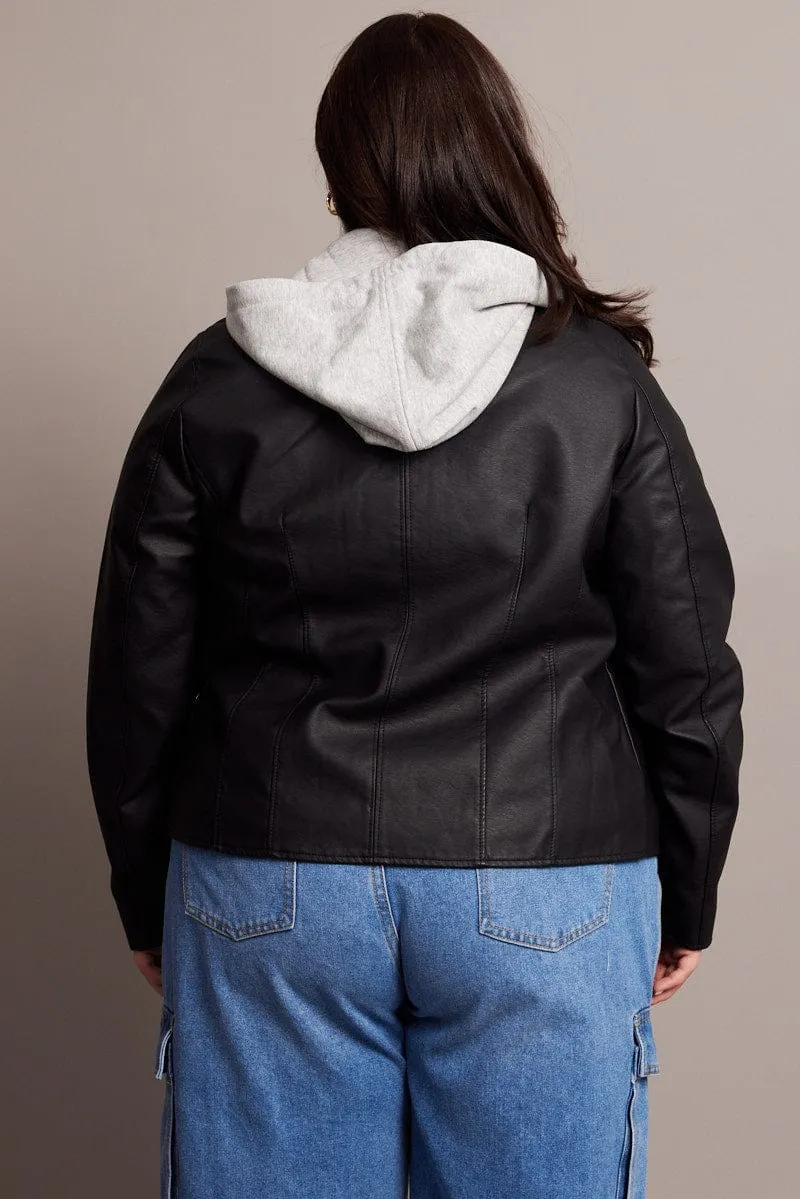 Black Faux Leather Jacket With Detachable Hood