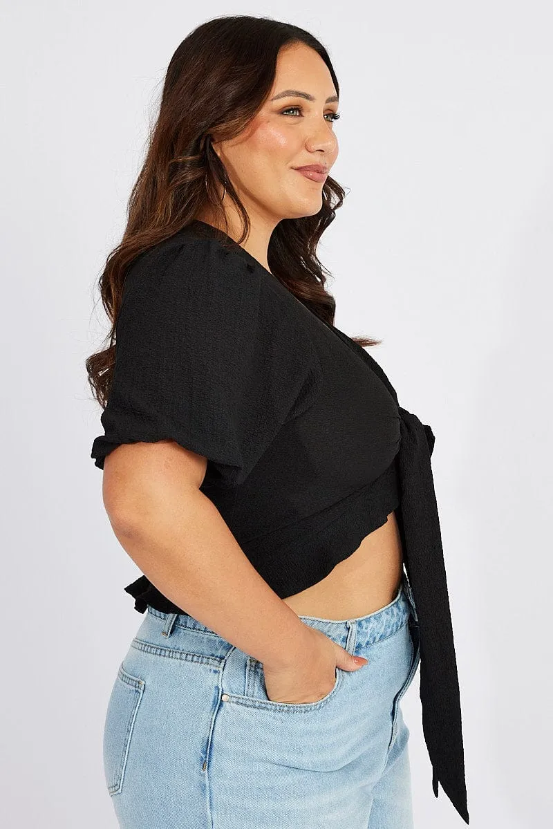 Black Puff Sleeve Crepe Tie Bolero Jacket