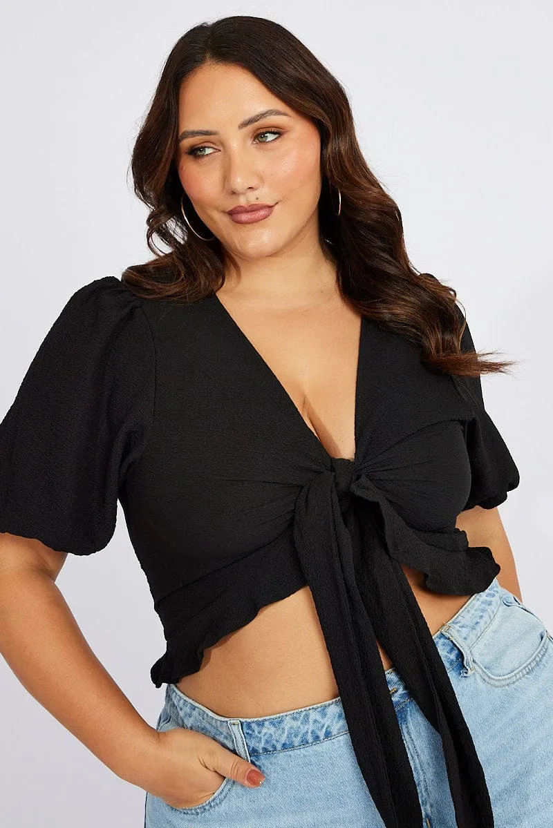 Black Puff Sleeve Crepe Tie Bolero Jacket