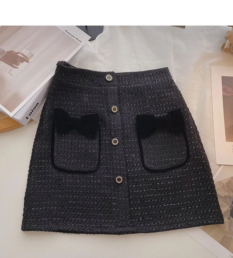 Bow high waist single breasted Plaid A-line skirt  5622