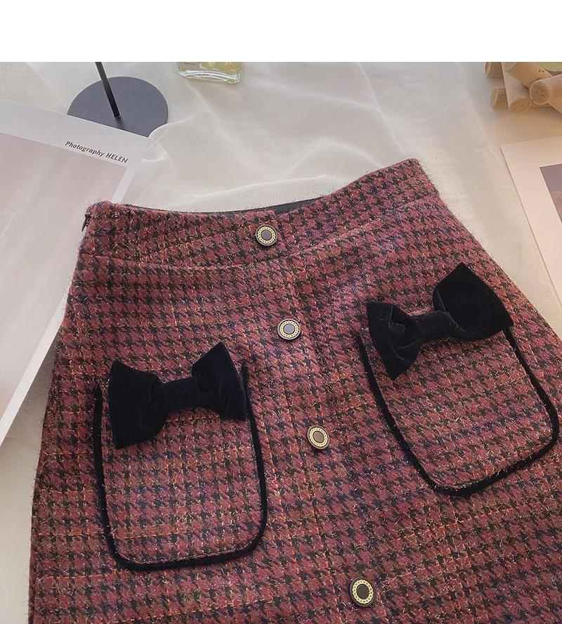 Bow high waist single breasted Plaid A-line skirt  5622