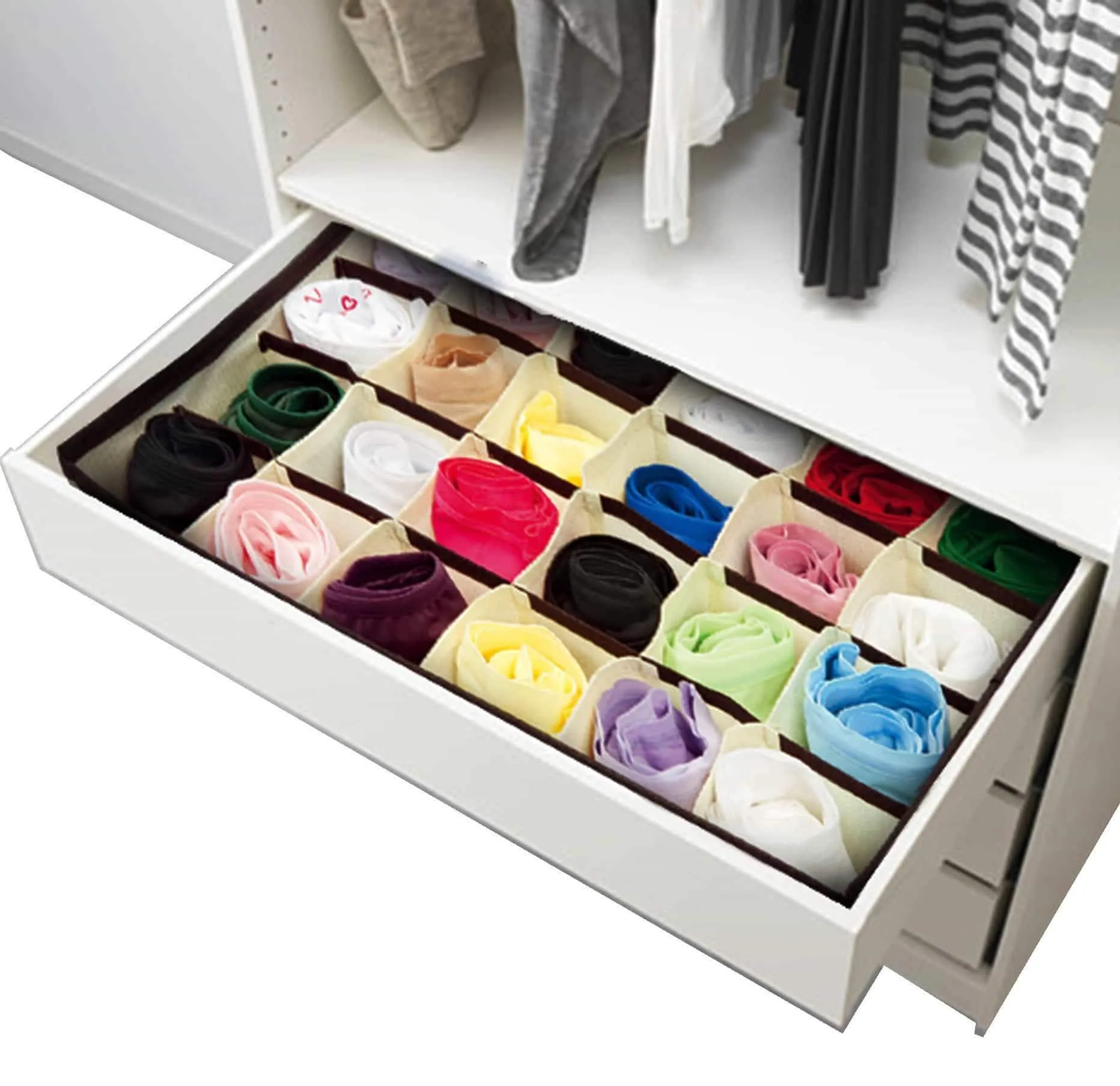 Closet Underwear Storage Organizer Box,for Socks Bra Ties Clothing Lingerie Underwear Drawer, 24 Divider Collapsible,Beige, Size: 12 ½'' x 12 ½''x 3 ½'',Set of 2