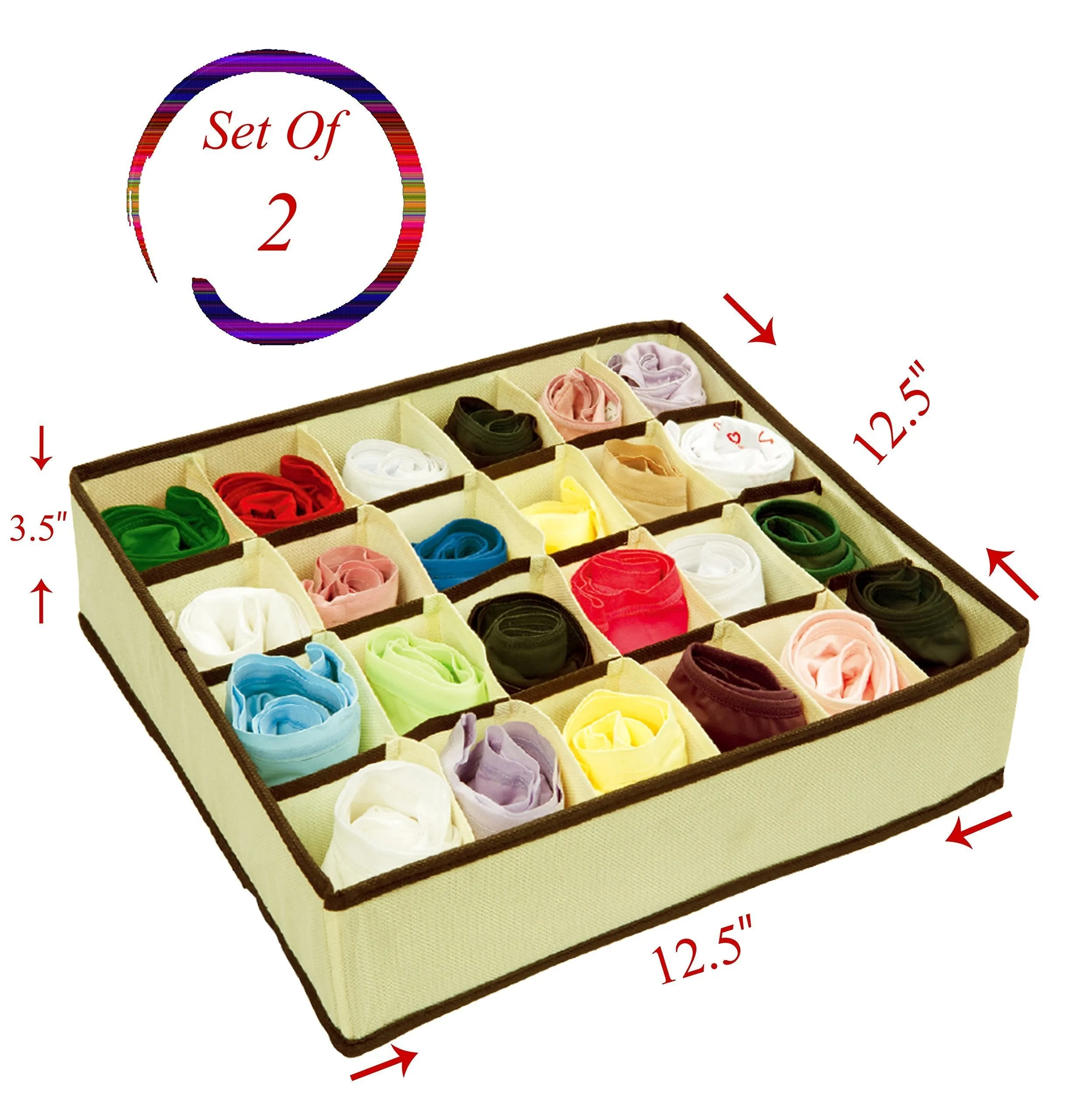 Closet Underwear Storage Organizer Box,for Socks Bra Ties Clothing Lingerie Underwear Drawer, 24 Divider Collapsible,Beige, Size: 12 ½'' x 12 ½''x 3 ½'',Set of 2