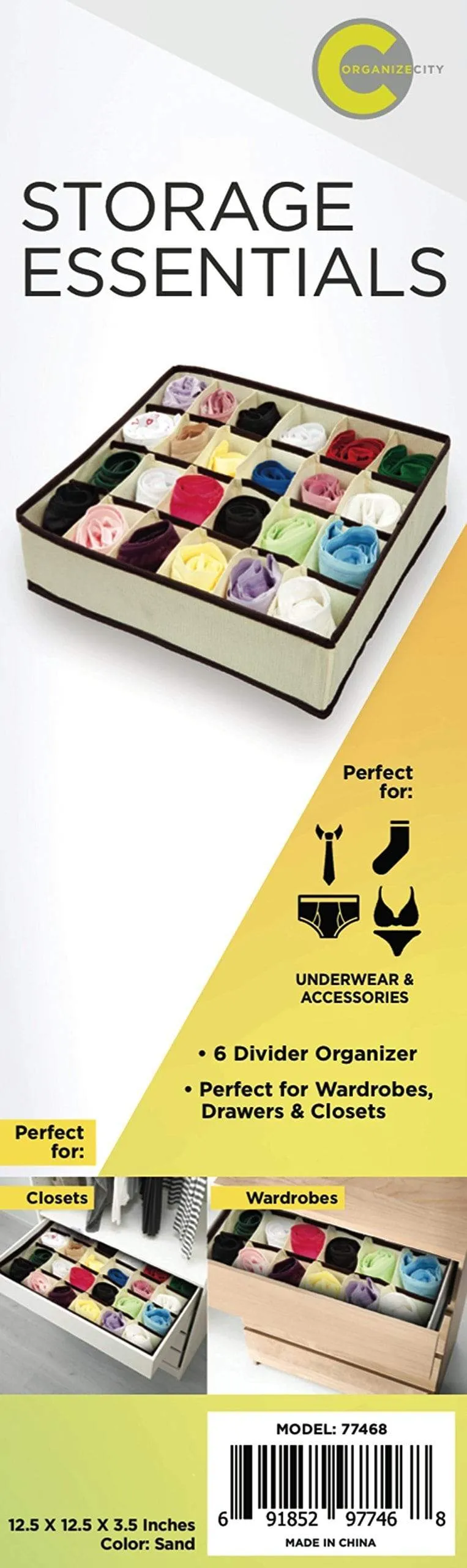 Closet Underwear Storage Organizer Box,for Socks Bra Ties Clothing Lingerie Underwear Drawer, 24 Divider Collapsible,Beige, Size: 12 ½'' x 12 ½''x 3 ½'',Set of 2