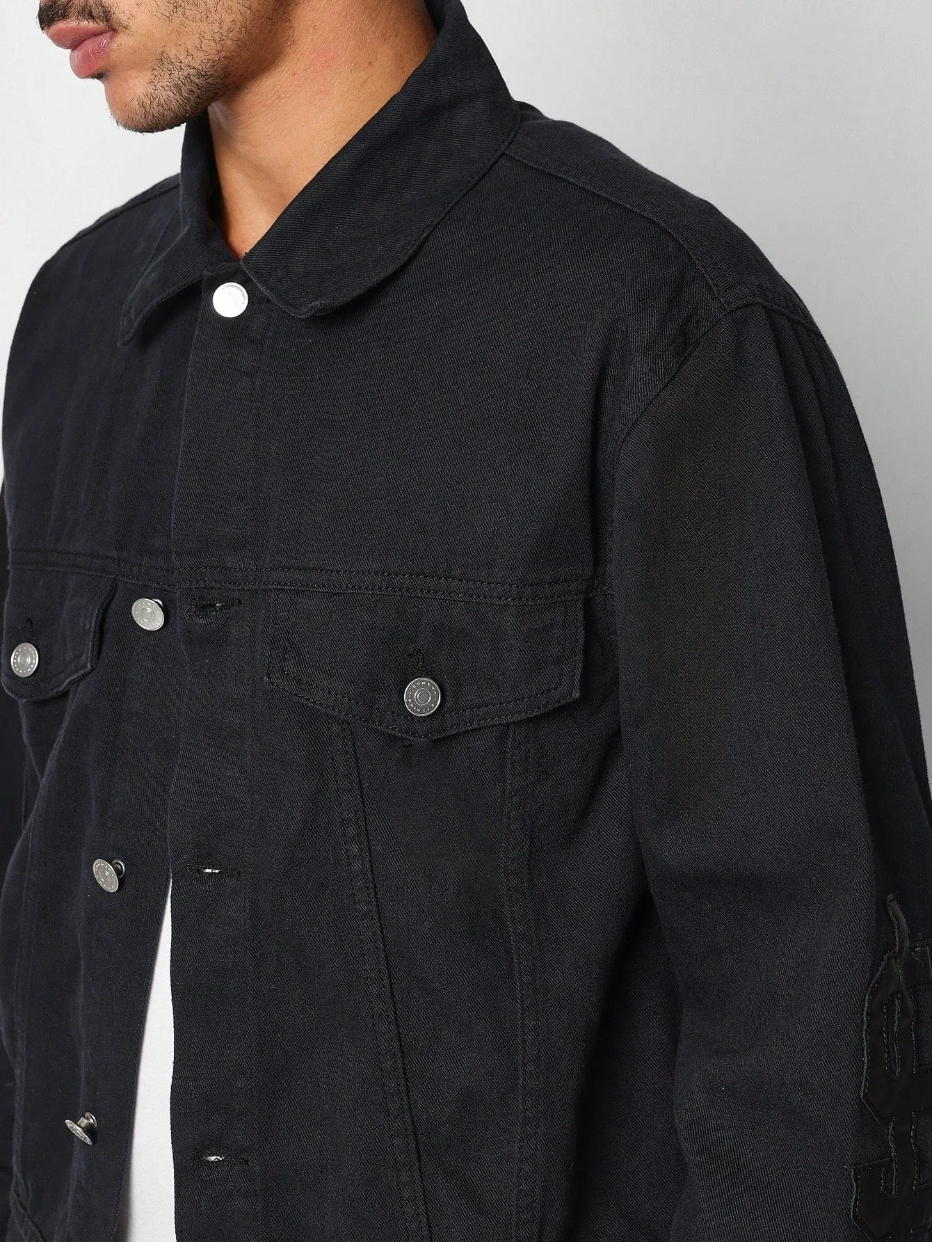 Cropped Twill Jacket With PU Trucker And Back Graphic Print