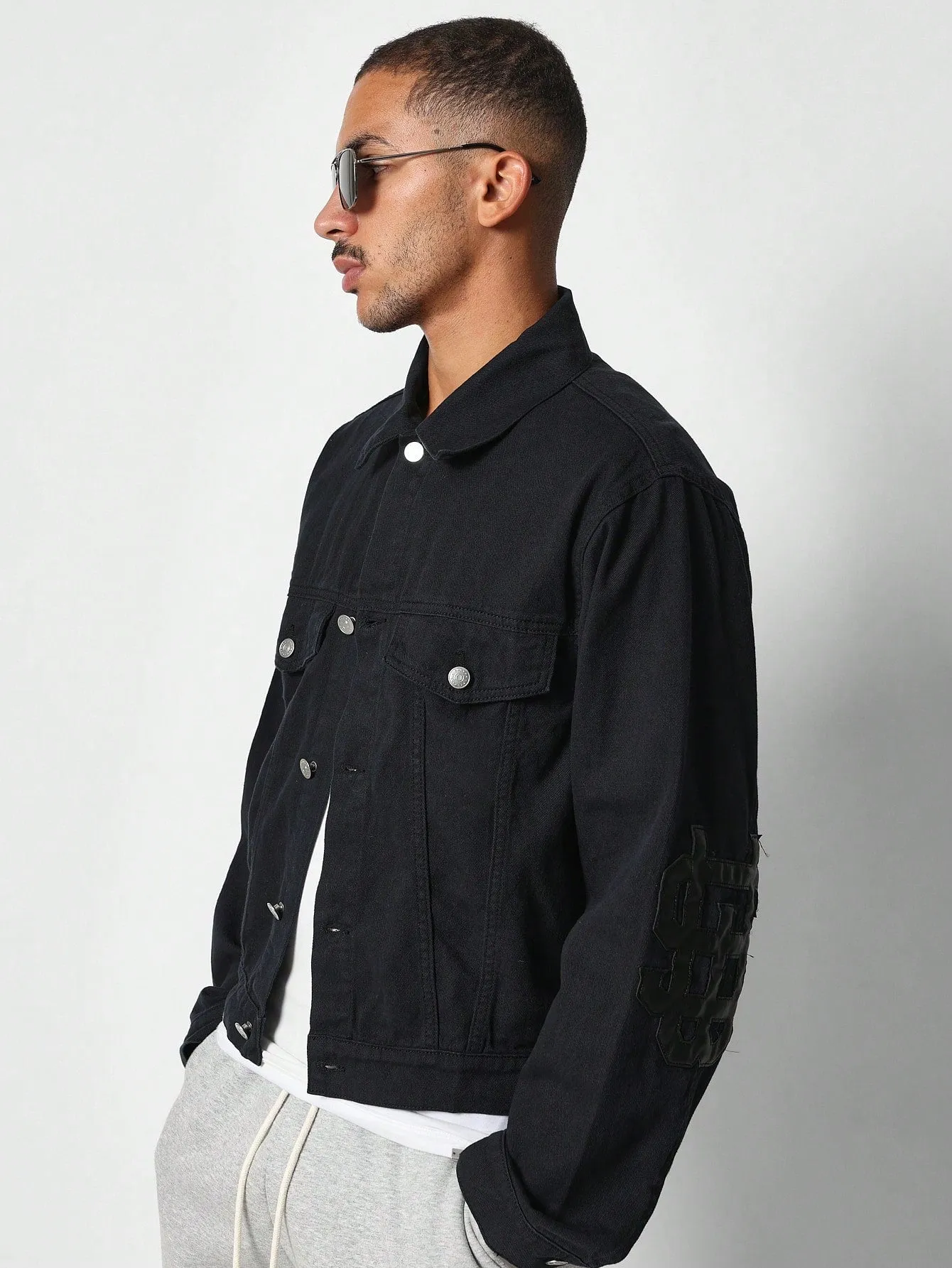 Cropped Twill Jacket With PU Trucker And Back Graphic Print