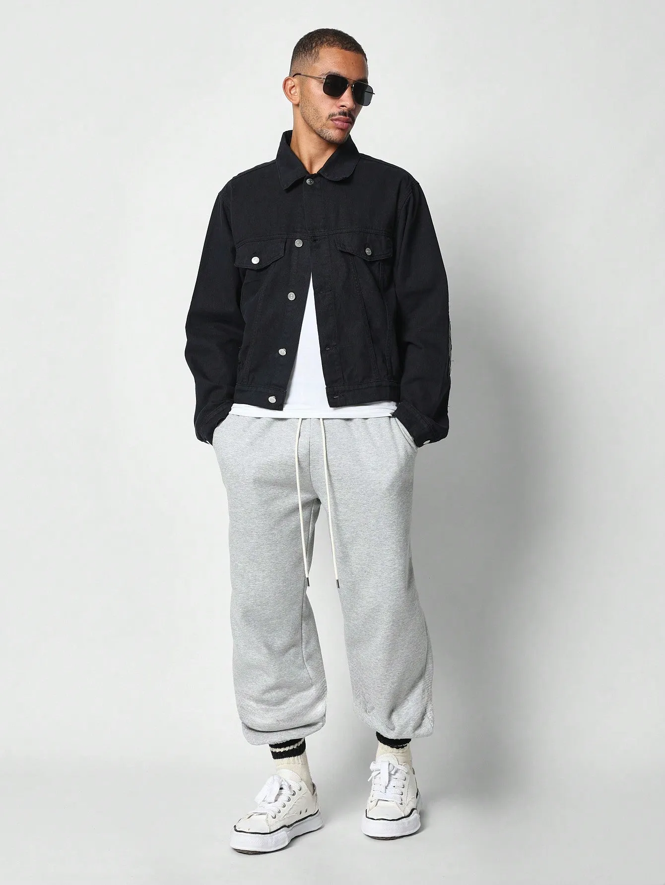 Cropped Twill Jacket With PU Trucker And Back Graphic Print