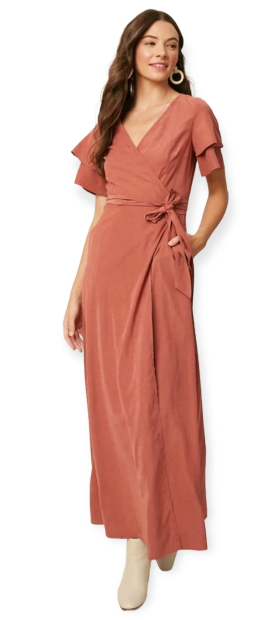 Double Layer Sleeve Wrap Maxi Dress