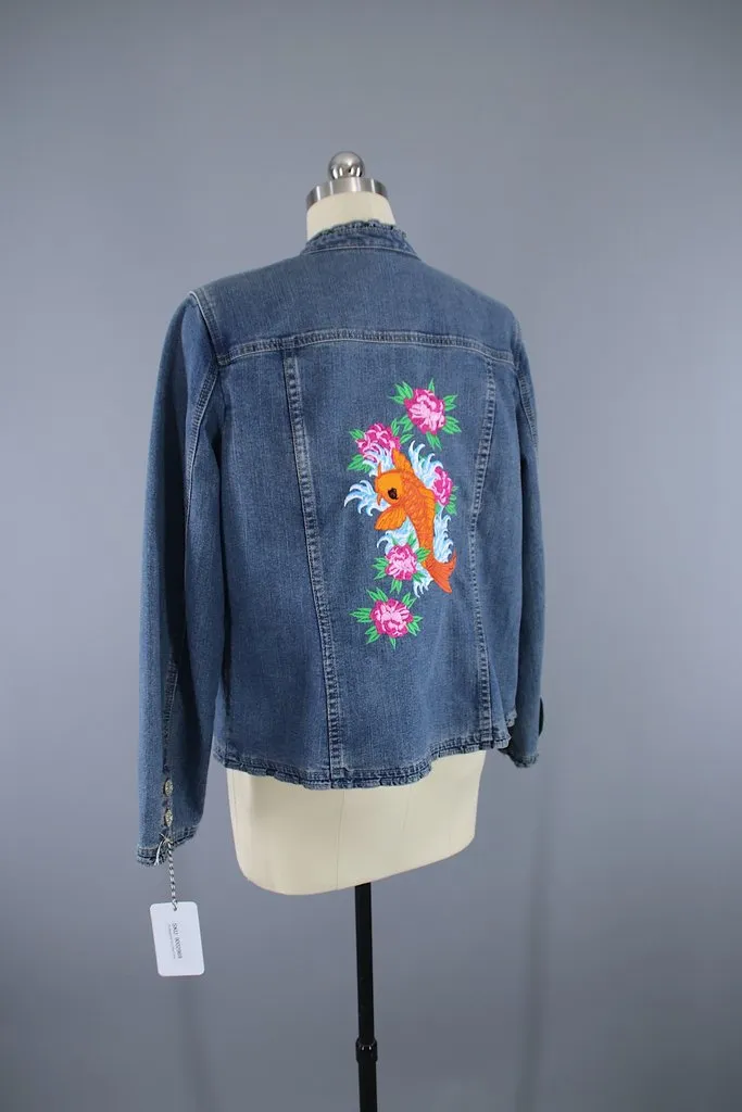 Embroidered Koi Fish Pink Floral Denim Jacket